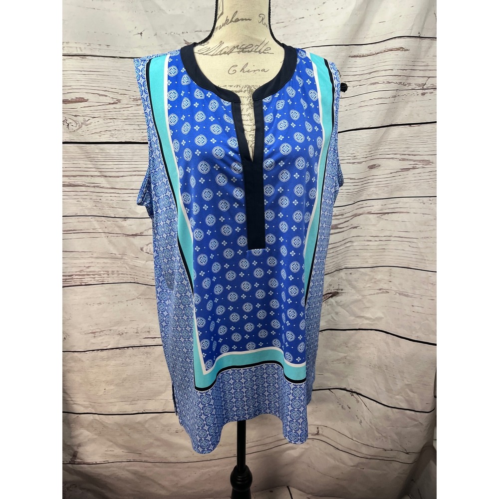 Jones New York Signature Blue Geometric Print Sleeveless Tunic Top Plus Size 1X